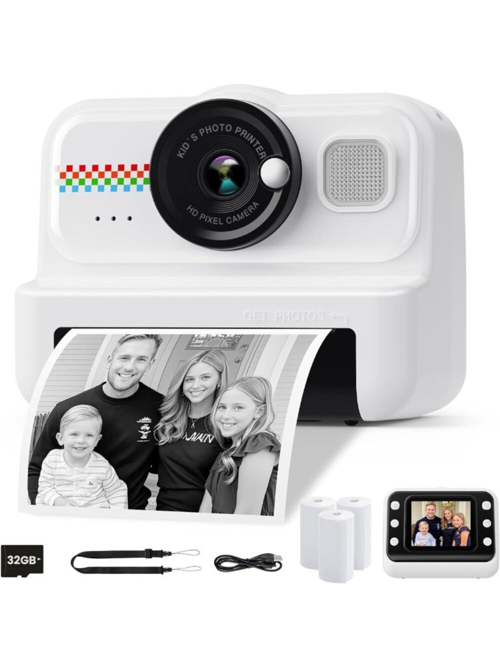 Kids Instant Print Camera 1080P HD, 3 Rolls Paper & 32GB Card - Perfect Gift for